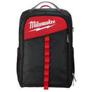 Black backpack with red accents and Milwaukee logo on a white background