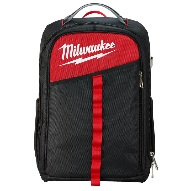 Black backpack with red accents and Milwaukee logo on a white background
