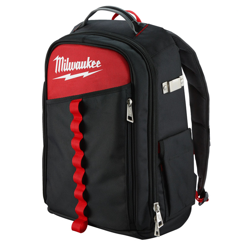 Black and red Milwaukee backpack on a white background