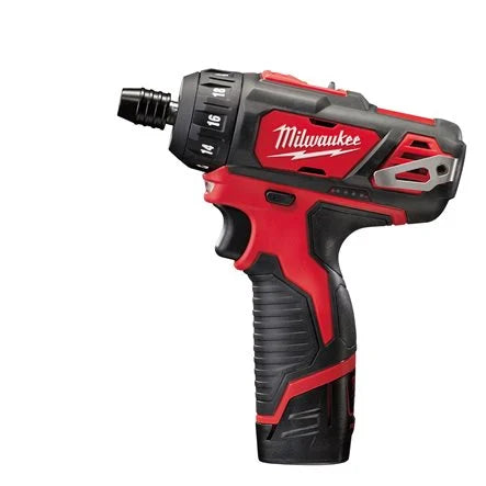 Red and black Milwaukee power drill on a white background