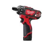 Red and black Milwaukee power drill on a white background