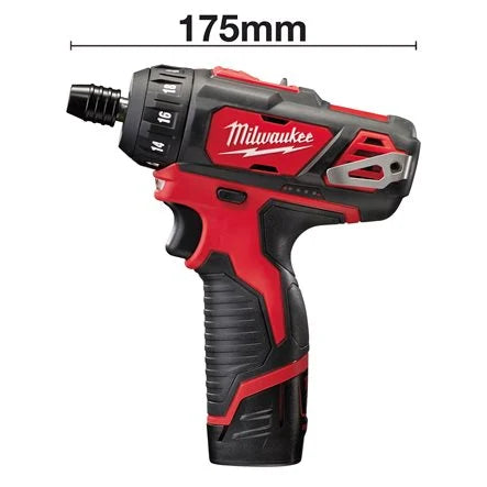 Red and black Milwaukee drill with measurement label on a white background