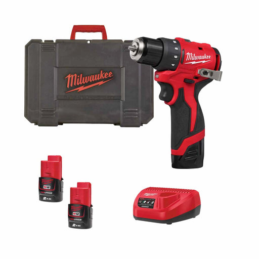 Milwaukee cordless drill set with case, batteries, and charger.
