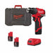Milwaukee cordless drill set with case, batteries, and charger.