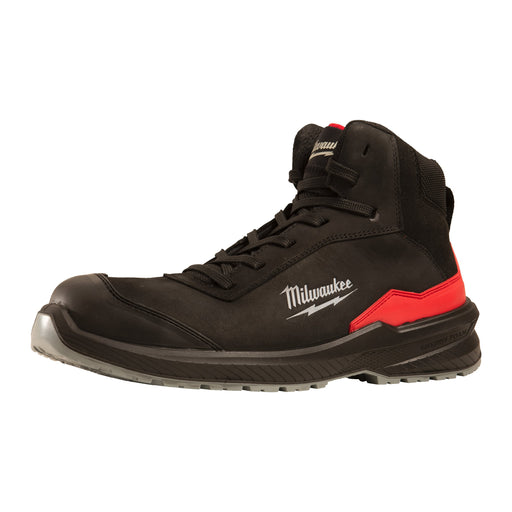 Milwaukee Flextred S3S black safety boots side view with red heel support