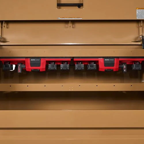 Bottom view of Milwaukee M12 M18 Gangbox Charger M12-18GBC4 installed in storage box