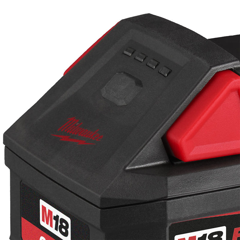 Close up of Milwaukee M18 FORGE 6.0Ah battery fuel gauge