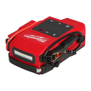 Low profile view of the Milwaukee M18 Jump Starter JS2000-0 with clamps secured