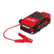 Side angle of the Milwaukee M18 Jump Starter JS2000-0 with LED light and attached clamps