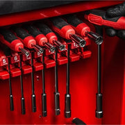 Milwaukee comfort grip nut drivers stored on red rack inside tool cabinet