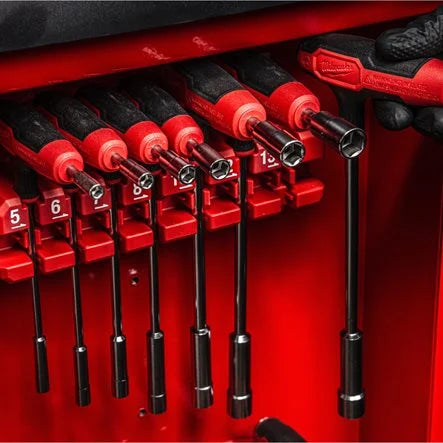 Milwaukee comfort grip nut drivers stored on red rack inside tool cabinet