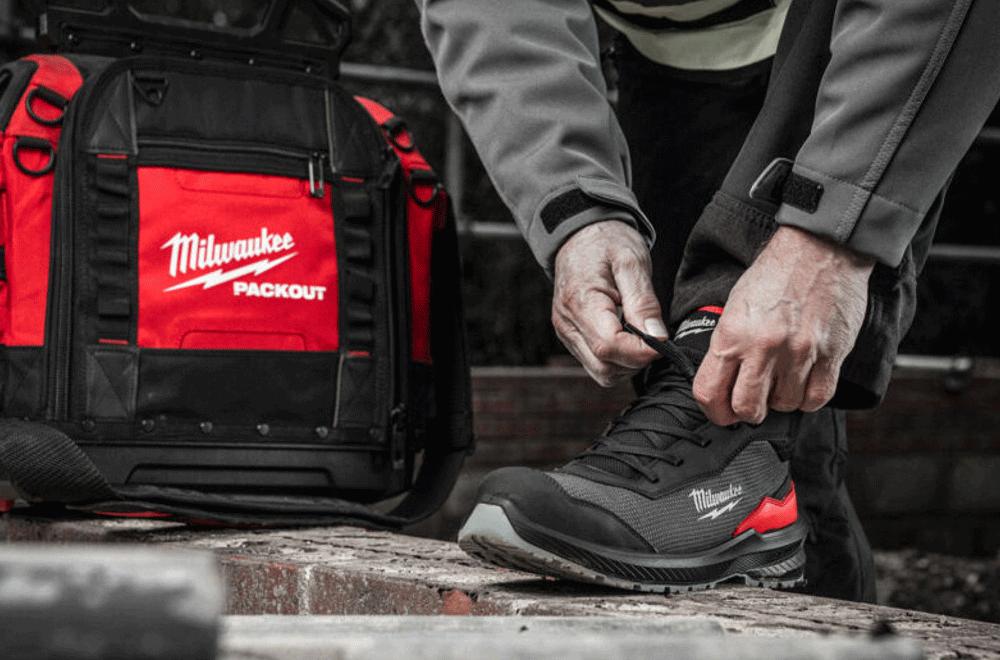 Milwaukee work boots and packout tool bag