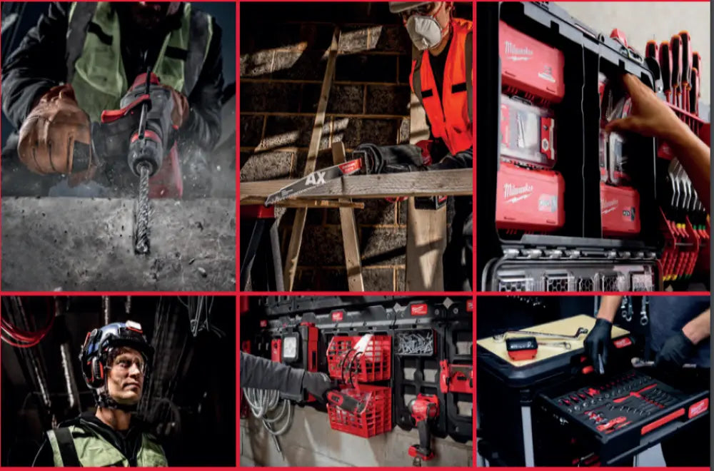 Collage of images featuring milwaukee tools, a toolbox, and a person wearing protective gear.